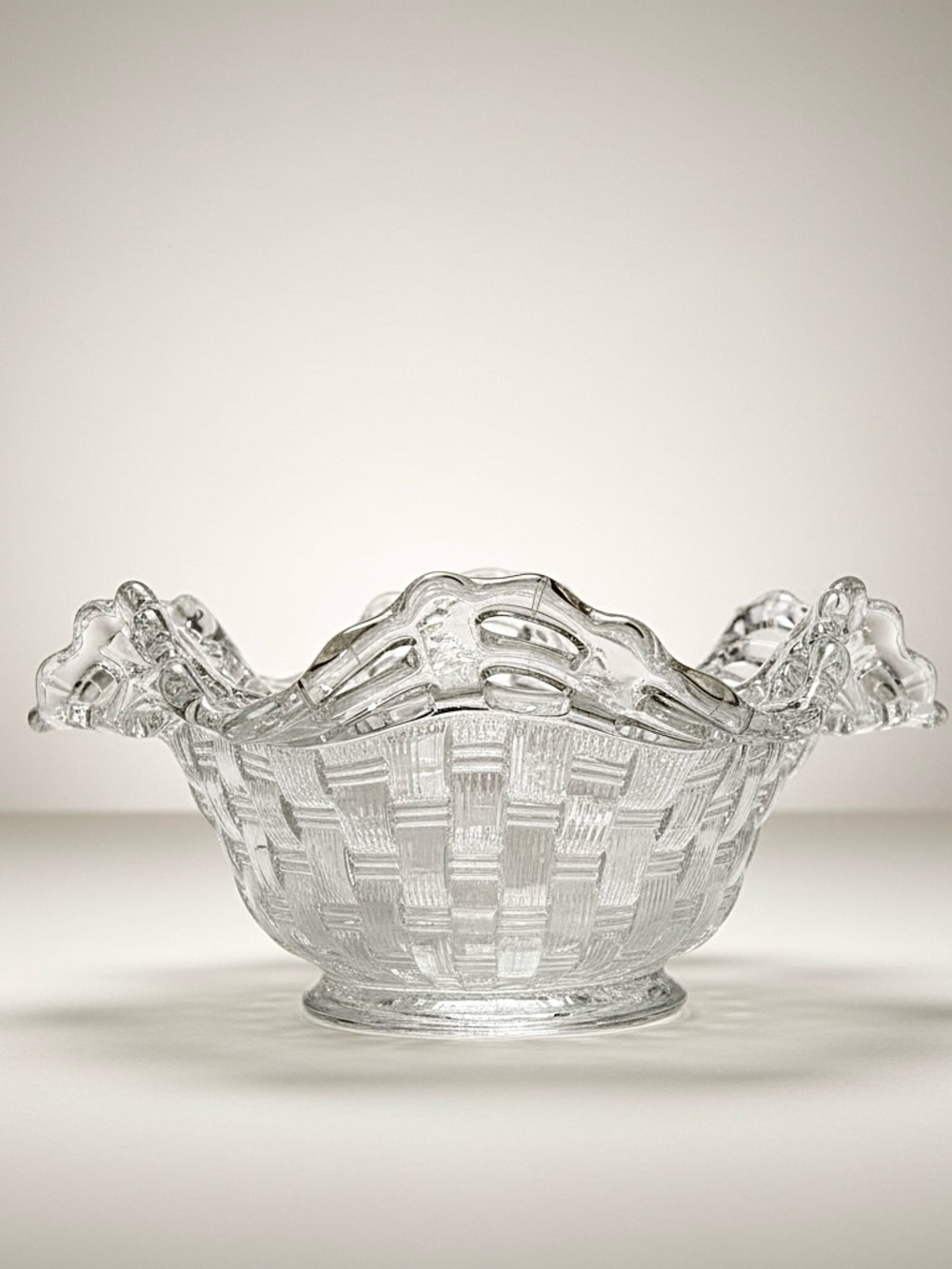 Fenton Clear Glass Basketweave Open Edge Ruffled Candy Dish Bowl Vintage